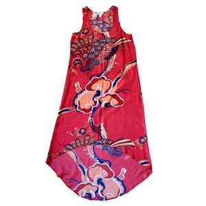 Nieves Lavi 100% Silk Slip Dress Maxi Red Peacock Floral Print Hi Low Resort S